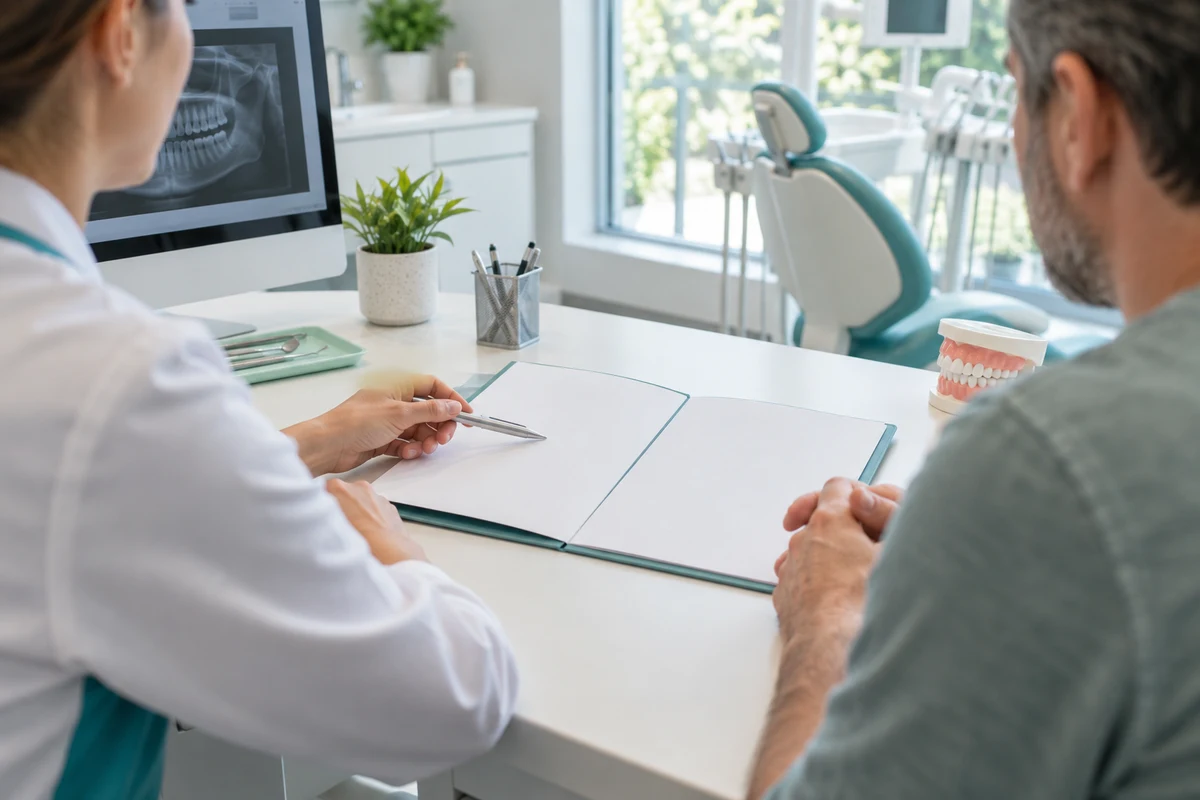 Dentist explaining treatment costs to a patient without insurance