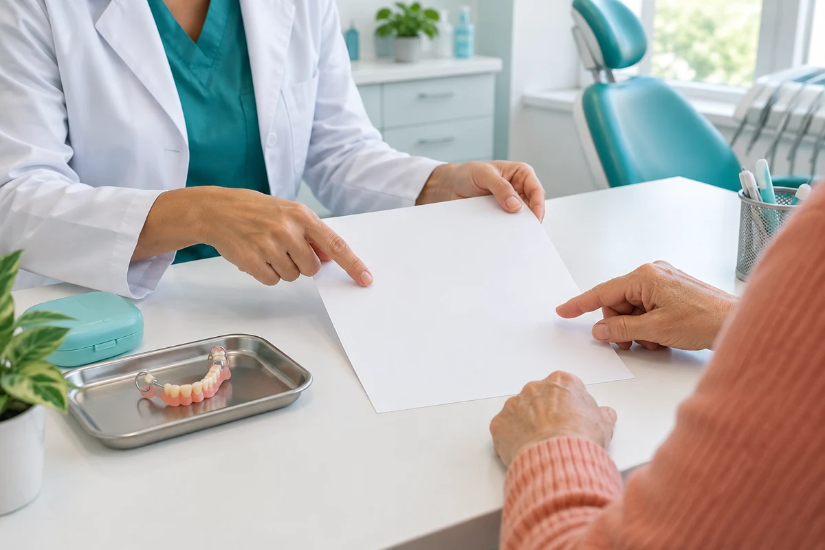 Dentist showing a patient how to care for a repaired denture
