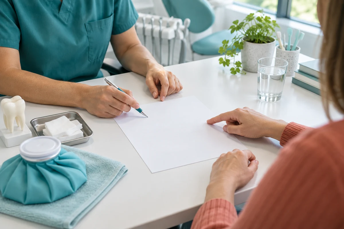 Patient receiving aftercare instructions after a tooth extraction