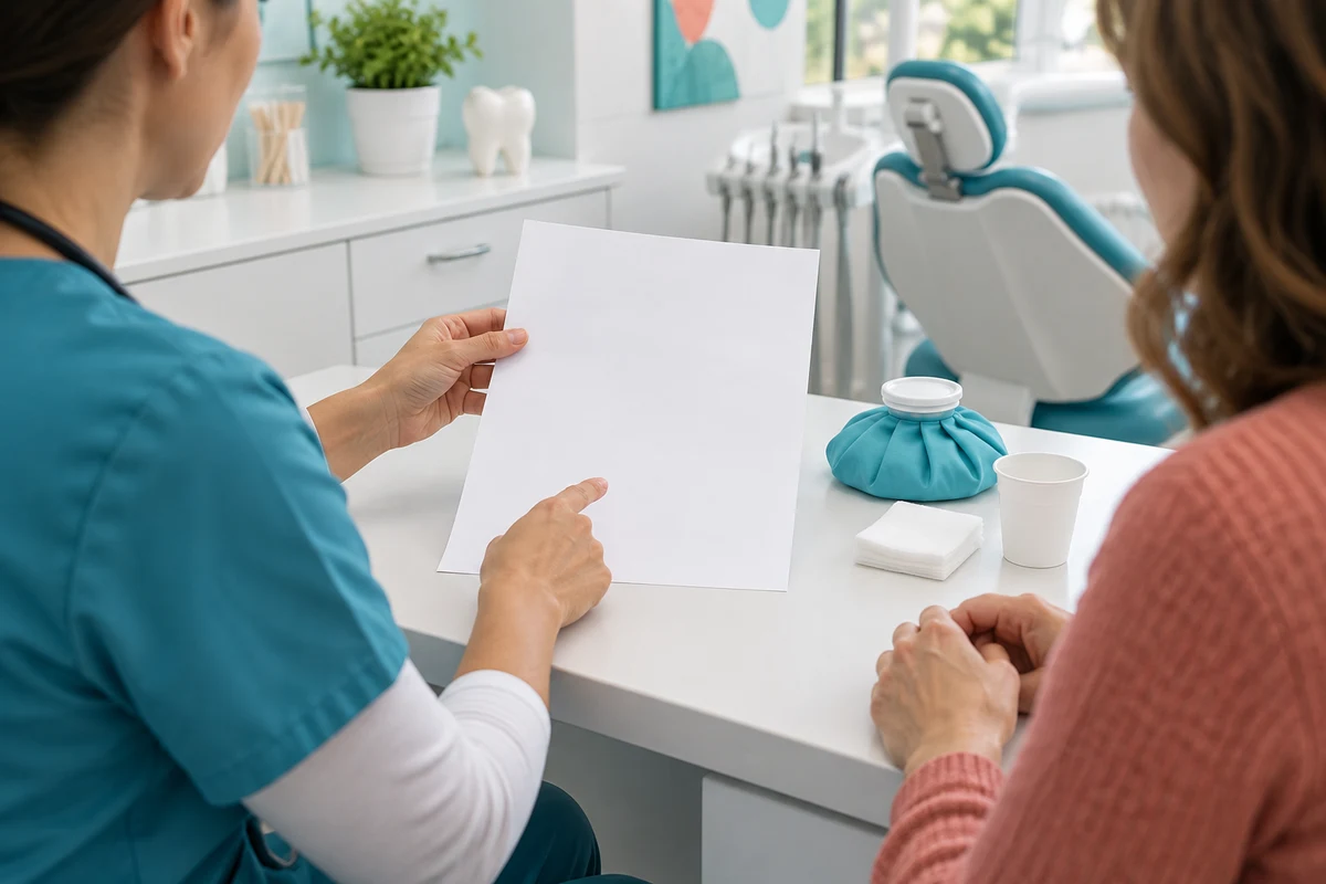 Dentist giving aftercare advice to a child and parent